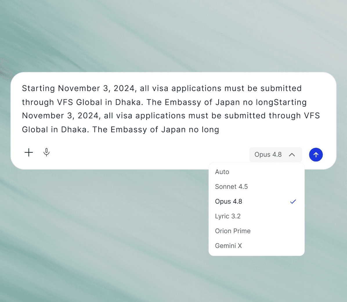 An AI reply composer with a model picker open