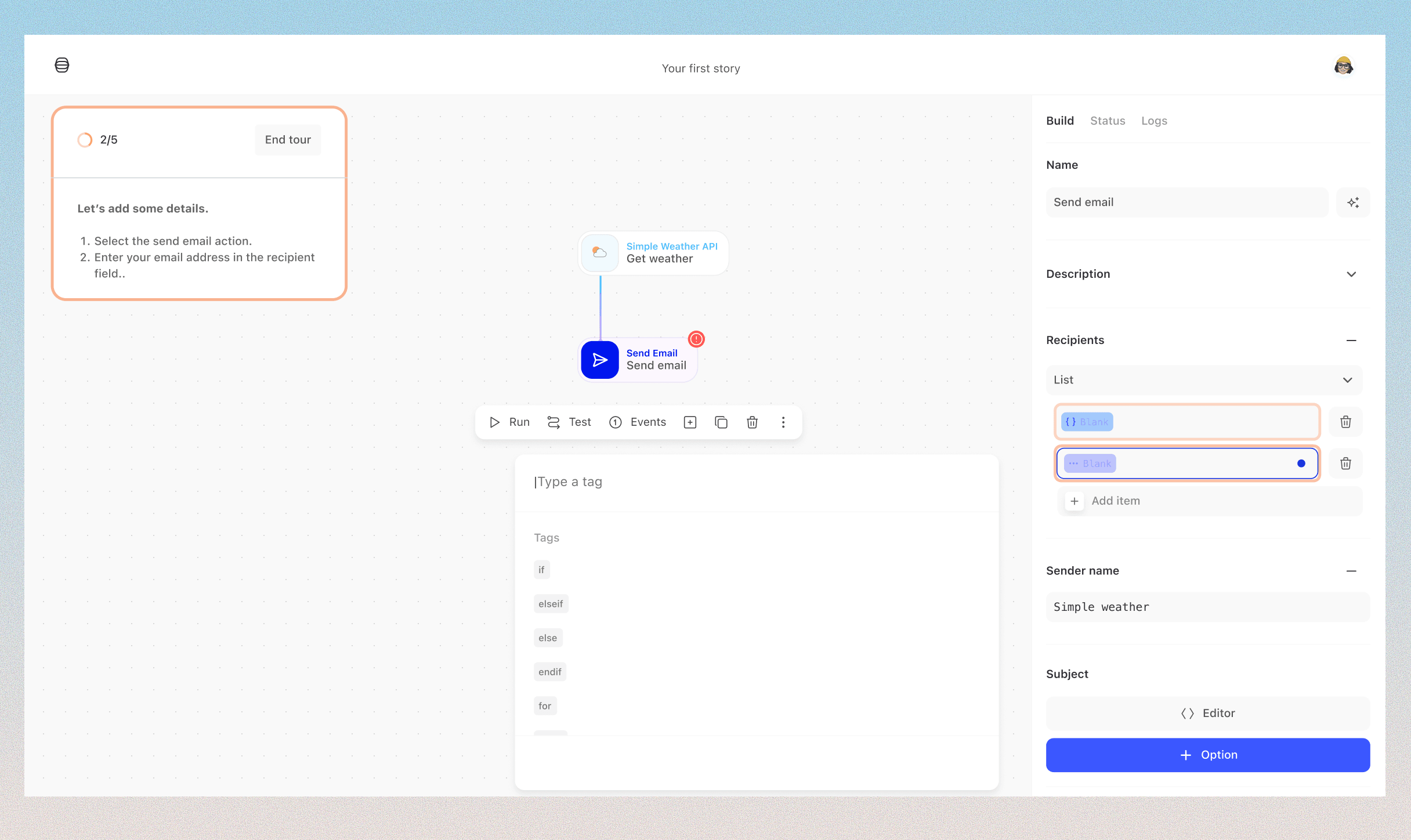 The workflow builder showing a sequence of steps and their branches